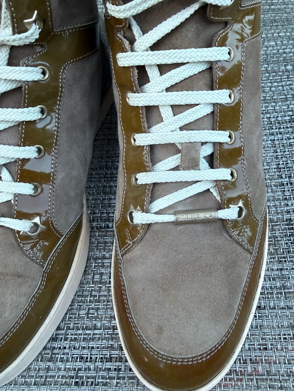 Jimmy Choo Tokyo High Top Suede Patent Leather Sneaker Women's Sz 37.5 /US 7.5-8 - Picture 15 of 16